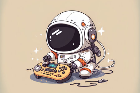 Cartoon symbol depicting a cute astronaut wiping a gaming controller. technology reconstruction symbol concept flat cartoon style isolatedの素材