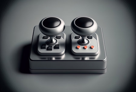 Concept of gaming and companion entertainment with two contemporary silver joysticks on an abstract gray backgroundの素材