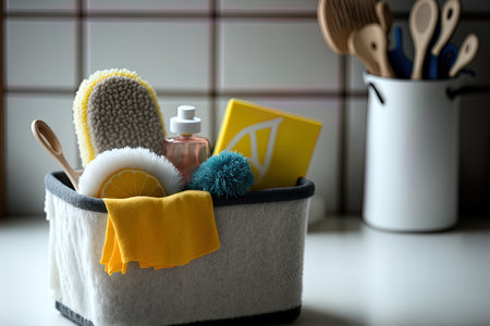 Basket with cleaning supplies rags and natural sponges. In the distance a contemporary kitchen interior. cleaning concept for a homeの素材