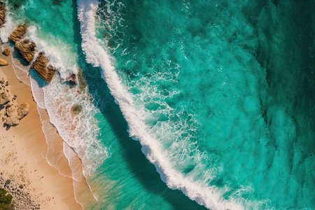 Beach and waves as seen from above. a background of turquoise water seen from above. aerial view of the sea in summer. aerial view from the top Idea and concept of travelの素材