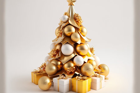 Christmas tree decorated with fake gold balls large gifts and ornaments made of gold patchwork isolated on whiteの素材