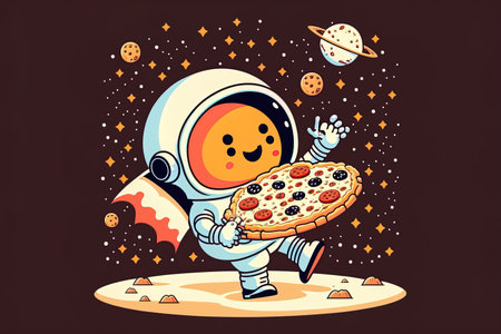 Cartoon icon of a cute astronaut eating pizza on a planet. Food Icon Concept in Science Premium Isolation. Cartoonish flatnessの素材