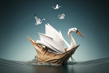 Changing for success as a leadership and business change through innovation and evolution of ability as a crumpled paper transforming into a boat then a swan and a flying bird as a metaphorの素材