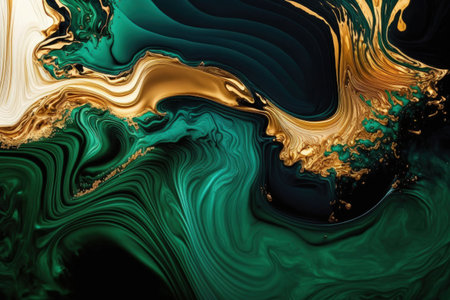 Fluid acrylic art. Golden foamy waves and dark green waves in an abstract ocean. Background or texture with a marble effectの素材