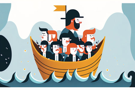 Business leader guiding boat team to goal while looking for new prospects and frontiers. Leadership plan of action and notion of mission. flat design isolated on a white backdropの素材