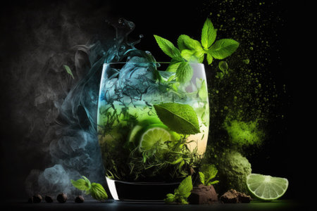 Drink to cool off with A dark background with a glass of mojito. Cocktail with mojito ingredients displayed against a dark background. Room for writing. white spaceの素材