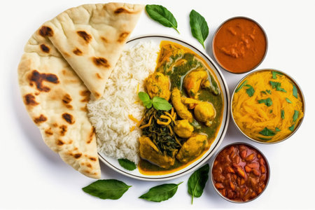 Chinese food On a white background are curry butter chicken palak paneer chicken tikka rice with saffron papad and naan breadの素材