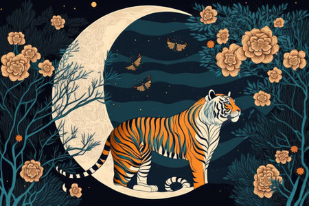 Boho tiger Asian greeting card. Elegant animal print pattern. use in textile production wall decoration interior design social media posts and product packaging. magic a star a crescent moon anの素材