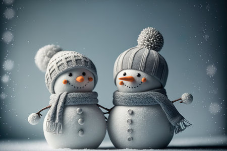 Christmas and New Year snow concept on gray background with two adorable snowmen wearing hats and scarvesの素材