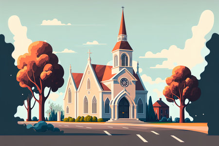 Christian church building landscape cartoon image for architecture in the field of religion. church in a city structure a well known temple landmark. religious structureの素材