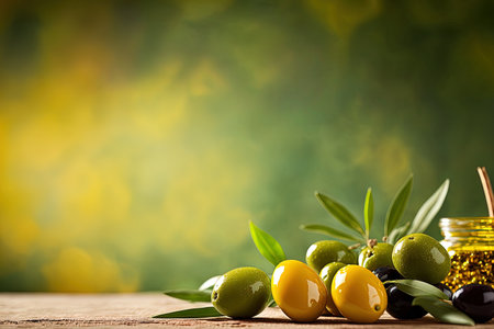 Food backdrop copy space with a green background and an abstract bokeh light of green olives fruit and leavesの素材