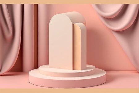 Elegant platform top notch podium and cloth and a pastel pink background. Mockup for product presentations at exhibits. composed of a textile or flying fabric elementの素材