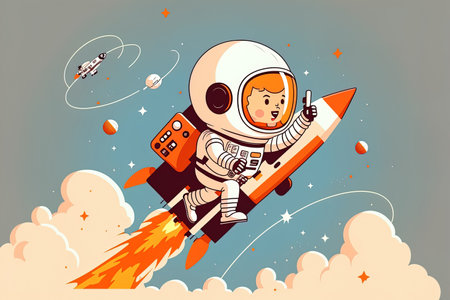 For use in web development banner marketing material presentations and online advertising create a cartoon astronaut flying with a rocketの素材