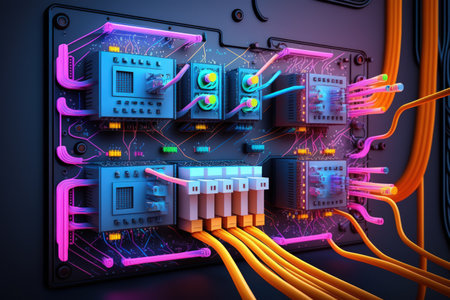 Fiber optic cables and switches are part of the telecommunications technology equipment in the server room and data center. Concepts related to networks transfers traffic the web hardware and conの素材