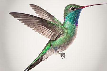 Broad Billed Hummingbird on a pure white background. Using different backgrounds the bird becomes more interesting and can easily be isolated for a project. These birds are native to Mexicoの素材