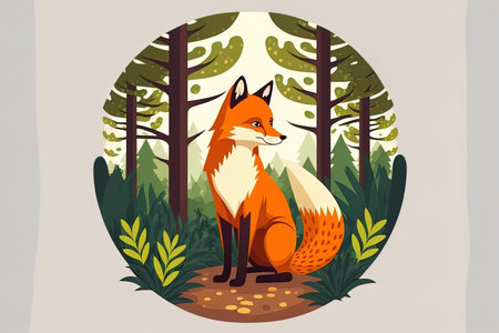 Icon of a circled fox with paws and a tail in a woodland isolated on a white backdrop. Cute kids avatar character in the shape of a circle. mobile gaming application flat clip art illustrationの素材