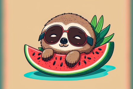 Cartoon icon of a cute sloth with glasses lying on a watermelon. Holiday Animal Icon Concept Premium . Cartoonish flatnessの素材