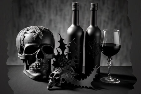 Concept for a Halloween party including black decor a wine bottle glass grapes and cobweb are displayed on a fabric backgroundの素材