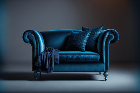 Elegant blue cloth sofa with wooden legs on a dark blue background. Stylish and cozy single piece of furniture. showroom interior in blue. Velvet sofa with lyura. front view of a luxurious couchの素材