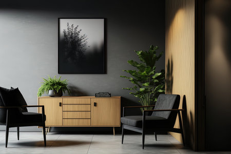 Interior of a dark modern waiting room with a wooden sideboard a tiny coffee table and a cozy black armchair on a concrete floor. Scandinavian minimalism in design. a mockupの素材