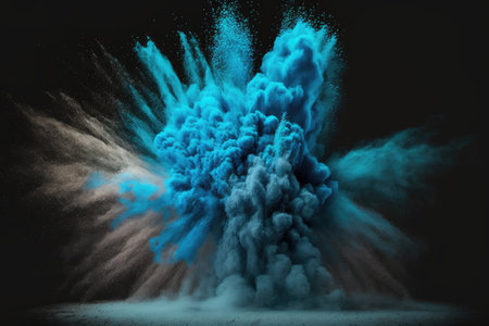 Exploding blue powder in slow motion isolated on a dark black background. a white dust cloud in an abstract form. Screen saver and wallpaper with particles exploding. Planetary formation theoryの素材