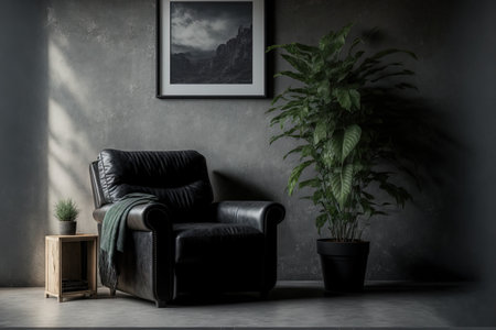 Dark leather recliner in the living room of a loft style home against a background of a concrete wallの素材