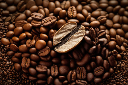 Fresh coffee beans that have been carefully chosen and roasted are shown against a background of coffee beansの素材