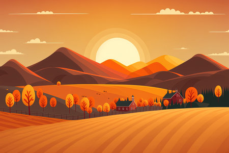Farm field in the autumn with an orange sky a mid autumn wonderland in the countryside with a cloudy sky and sun mountains and grassland covered in orange leaf and a banner for the fall seaの素材