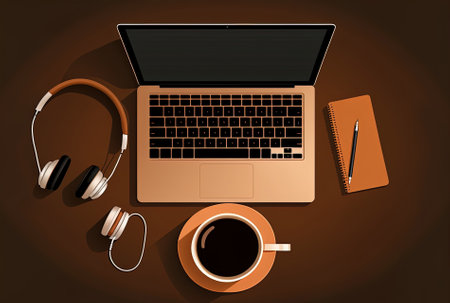 Flat lay composition with a laptop coffee and black studio headphones in front of a brown background while listening to podcastsの素材