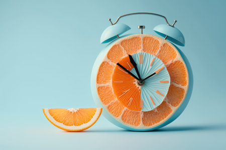 Fresh orange slice alarm clock with abstract pattern and pastel blue background. the barest suggestion Theorems about the business world. Inspirational fruit ideas for advertising and marketing communの素材