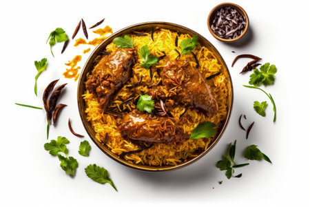Kuzhimanthi or hot and spicy Manthi Arabic chicken Biryani cooked meat Basmati rice with Masala spices on white background in Malabar Kerala Karnataka South India. Top view of Indian non veg foodの素材