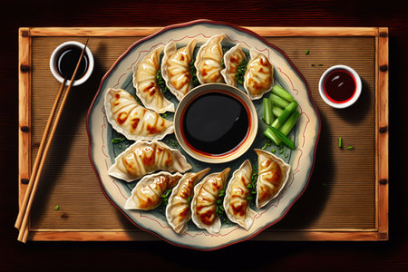 Gyozas potstickers on lettuce salad with sauces. Served in traditional china plate with chopsticks and black teapot on wood serving board over old metal background. Top view space. Asian dinnerの素材