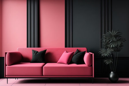 In 2023 lounge in shades of black and pink. Blank interior of a dark room. Design a living or reception area in a minimalist luxury design. red couch with a painted accent wall. contemporary interiorの素材
