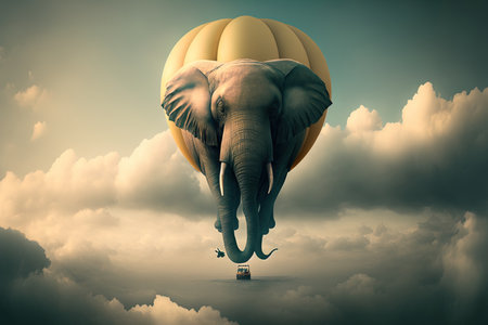 Huge elephant floating or soaring on a balloon against a background of clouds and sky. Fantastic artwork of the fantastical and surreal kind. freedom idea. Imagination. Surrealism. Dreamの素材
