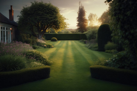 Just before dusk a well kept and recently mowed lawn can be seen from the ground in a sizable garden. Early in the summer golden light may be seen coming from a hedge in the distanceの素材