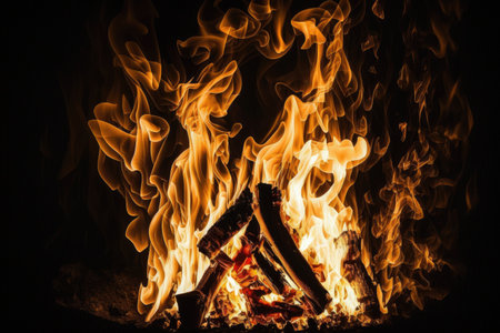 Fire flame in fireplace glowing burning on black dark background hot for firefighter to safety photo for creative graphic design wallpaper texture surface beautiful flame light motion of bonfireの素材