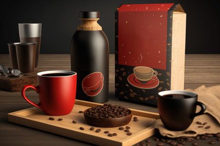 Mockup of a black and red coffee package with chocolate and coffee beans next to two cups and an espresso shot on a wooden tray. mockup of a coffee packageの素材