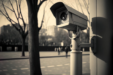 In order to watch observe and record evidence of an incident for an inquiry and to prevent crime CC.TV. cameras are mounted on metal poles in public parks. Concept for a security camera systemの素材