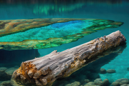 In the center of the turquoise and emerald waters of the Five Color Pond in Jiuzhaigou Aba Tibetan Autonomous Prefecture Sichuan China lies a horizontal image of a log that has produced new growthの素材