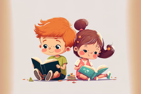 Cute little children reading books on the floor while seated. smart child a childish contented grin while reading a textbook. kid character cartoon image for learningの素材