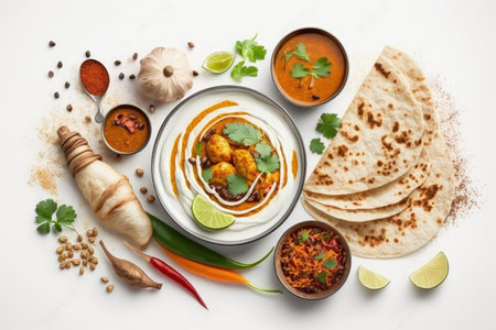 Indian cuisine dishes tikka masala dal paneer samosa chapati chutney spices. Indian food on white wooden background. Assortment indian pakistani meal with copy space. Top view or flat layの素材