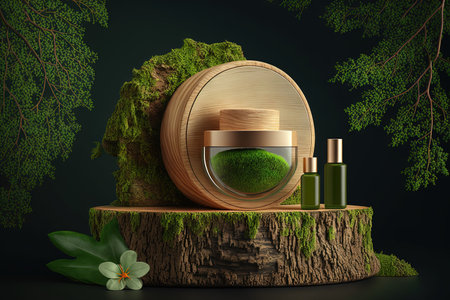 Green foliage and a wooden slice podium against a background of green moss. High end setting for natural environmental cosmetics beauty and product marketing. Display cabinet showcaseの素材