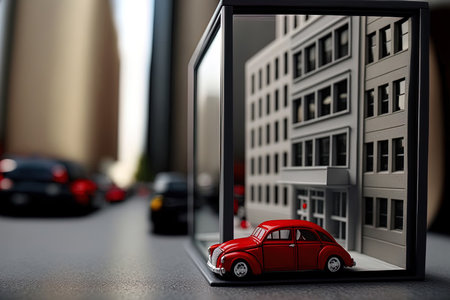 Focus is on the red automobile in the middle of the street in this modern generic contemporary style miniature model of glass buildings and streetsの素材