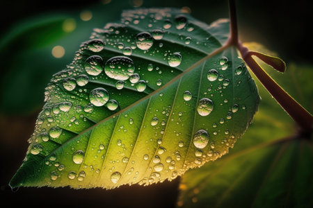 Large lovely raindrops of translucent water macro on a green leaf. Early in the morning dew drops shine in the sunlight. Stunning natural leaf texture a background of natureの素材