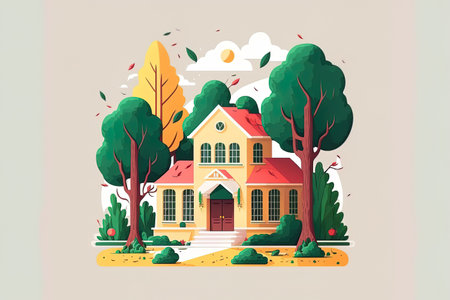 Illustration of a school building in form. White Isolated Building And Landmark Icon Concept. For use as a web landing page banner sticker or background use a flat cartoon styleの素材