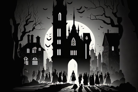 Illustration created digitally of an eerie gothic metropolis with old medieval structures. individuals in large groups and vampires. Silhouettes in a Transylvanian town from the Middle Ages. idea basの素材