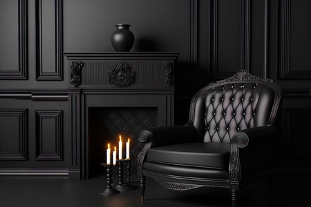 Interior in black with moldings a fireplace a candle a floor light a carpet and a table. mockup for an illustrationの素材