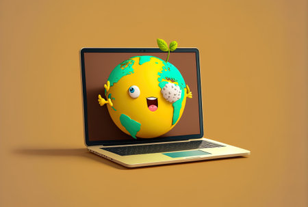 Modern laptop computer with a blank screen for your design and an Earth globe cartoon mascot against a yellow backdropの素材