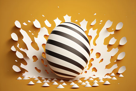 Isolated white broken egg on a striped backdrop. believable eggshells. Easter themed artwork with ornamental elementsの素材