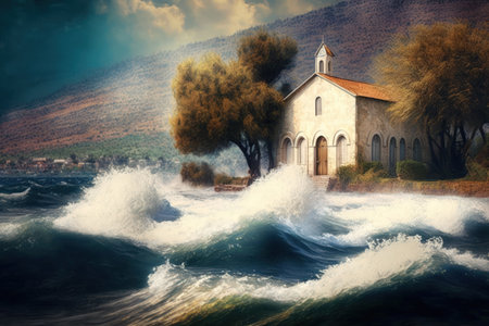 Sea of Galilee waves that are high. Church of the Multiplication of Fish and Bread (Tabbha). Israel locations that are Christian. Concept for ethnographic historical religious and photographic tourの素材